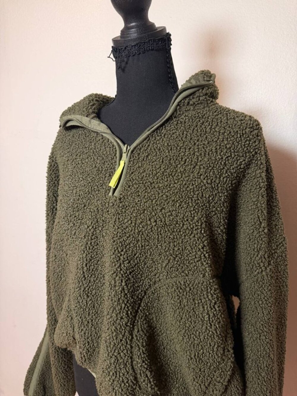 Olive Green Sherpa Half-Zip Pullover Cozy Teddy Fleece Jacket Medium - Picture 3 of 7
